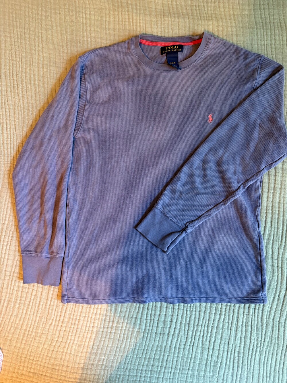 Polo Ralph Lauren waffle knit long sleeve shirt blue size M pink pony